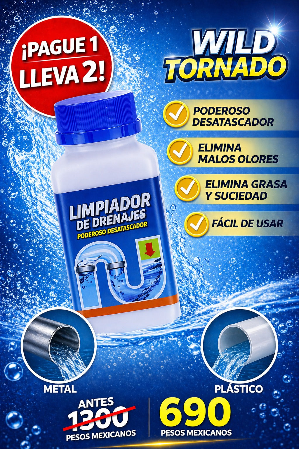 Limpiador Tuberías Destapa Caños: Ultra Poder + Acción Inmediata